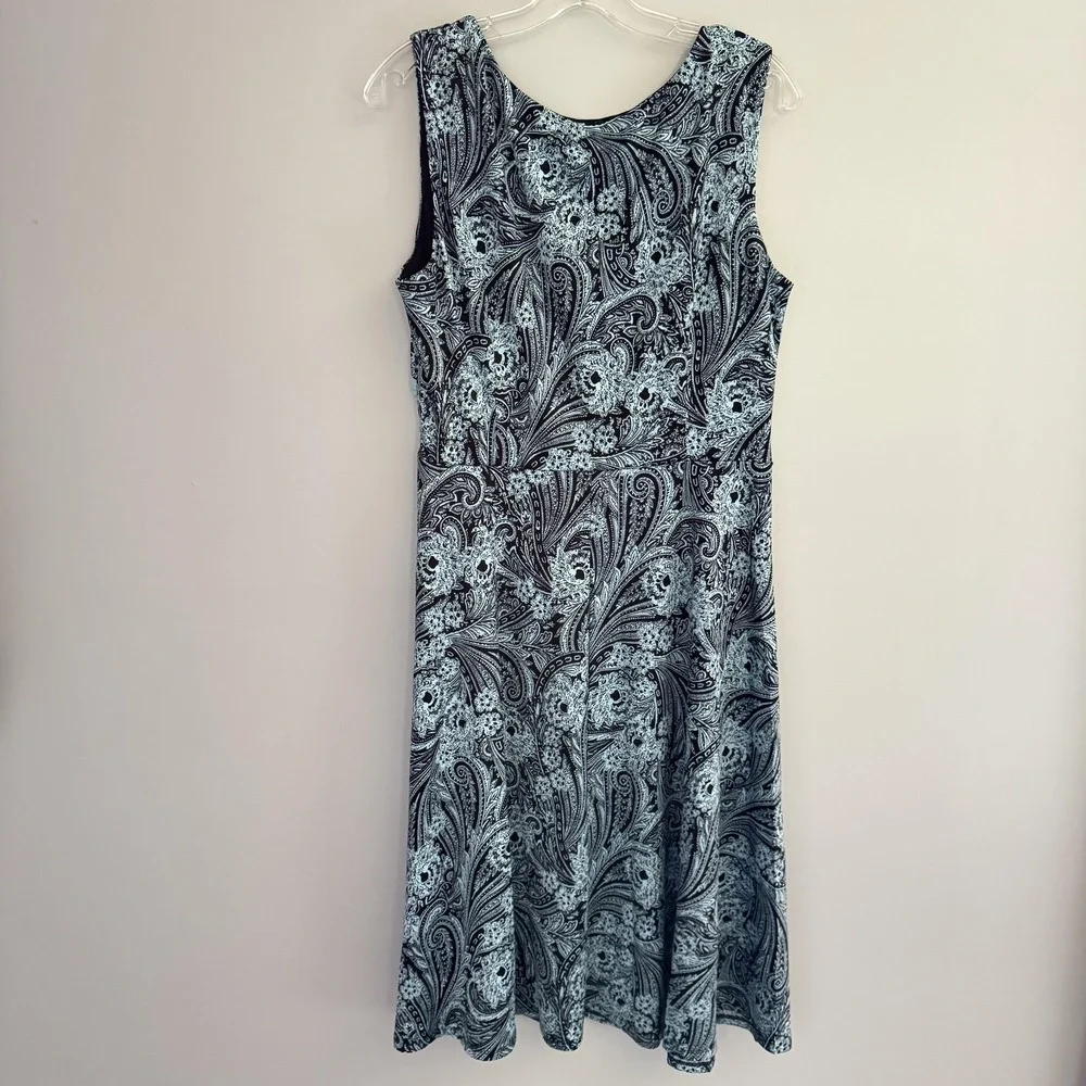 Perceptions‎ New York Dress Womens L Blue Paisley Sleeveless Ruched A Line Midi
